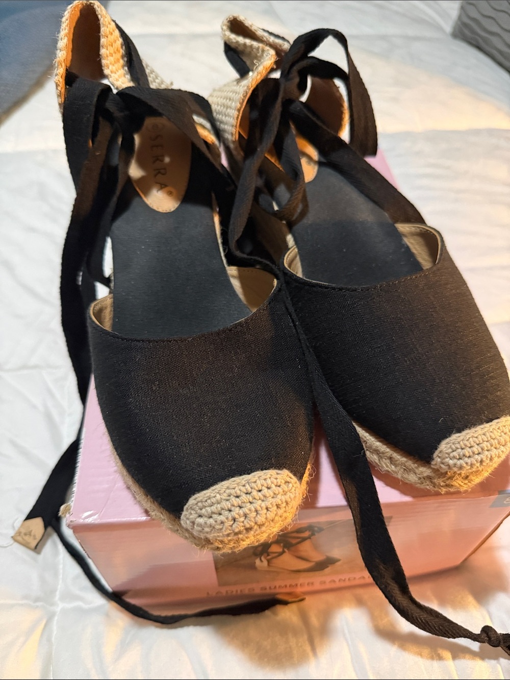 Serra Black Espadrille Wedge Sandals with Ankle Tie